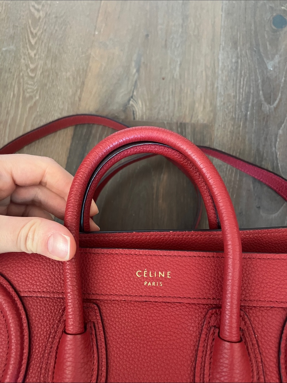 Celine Red Grained Leather Nano Luggage Tote with Shoulder Strap - Picture 11 of 11